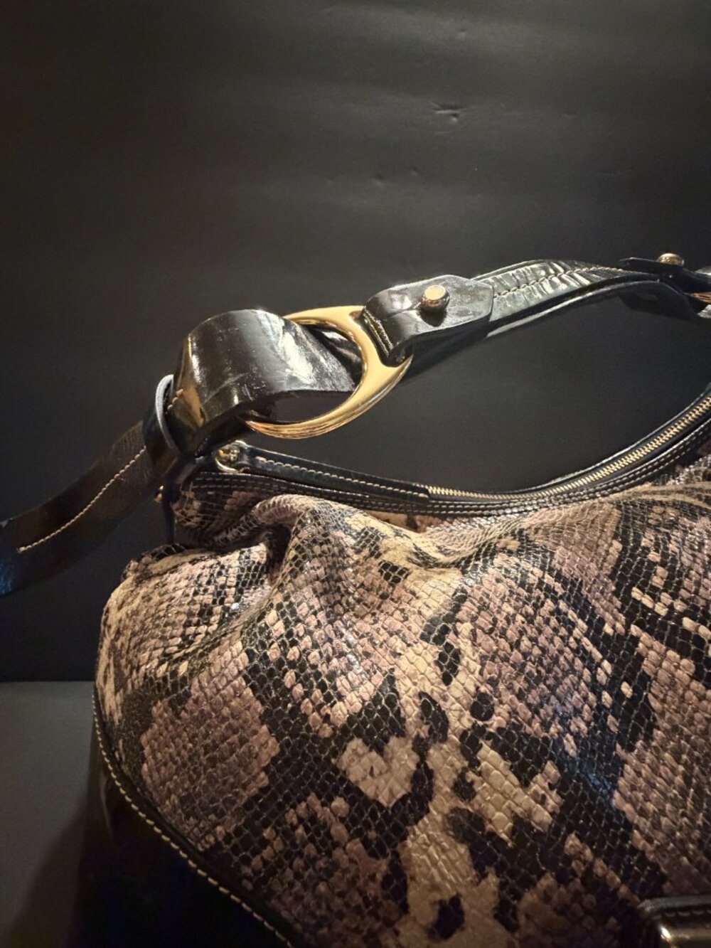 Dooney and Bourke Nikki Python Patent Leather Hobo Brown/Tan/Black - Picture 3 of 10